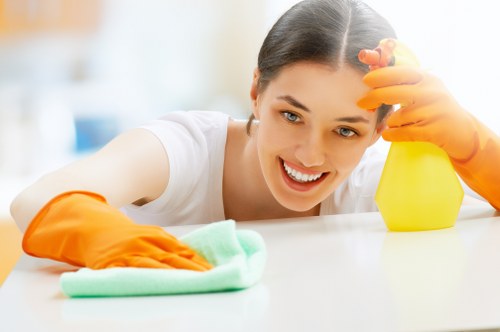 Professional cleaning team working safely with protective equipment