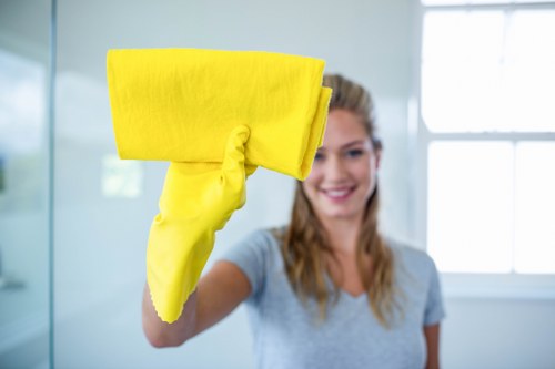 Cleaner handling cleaning product safely with protective gear